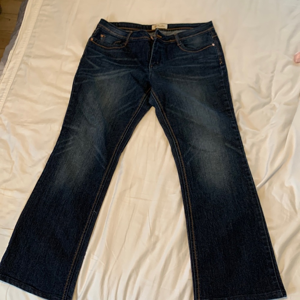 Jeans, blue wash denim, low rise, straight leg, flat pockets on back, size 13.